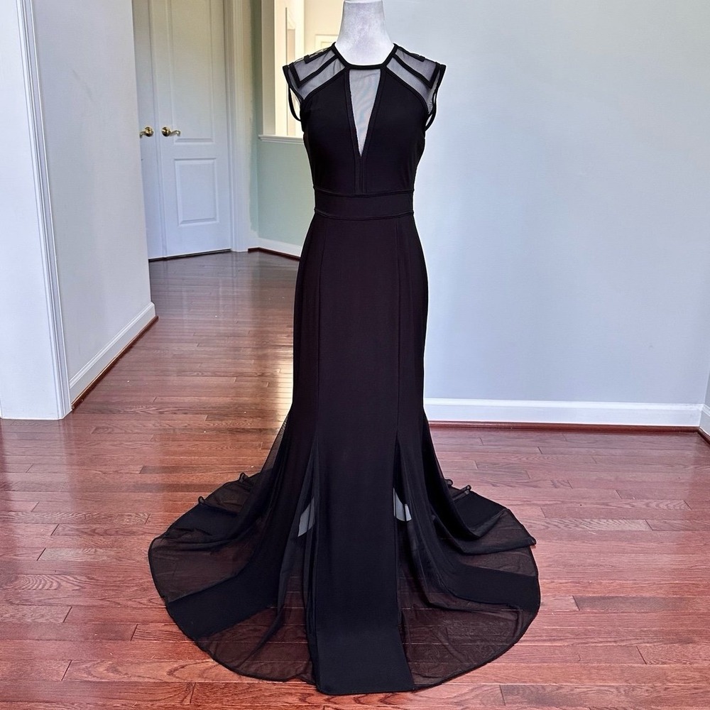 NIGHTWAY Black Mermaid Sheer Cutout Sheer Panel Open Back Plunge Sexy Gown Dress